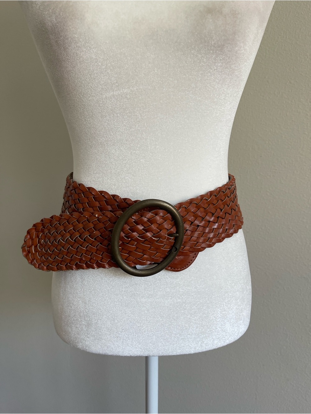 Wide Braided Leather Belt with Round Buckle - Brown